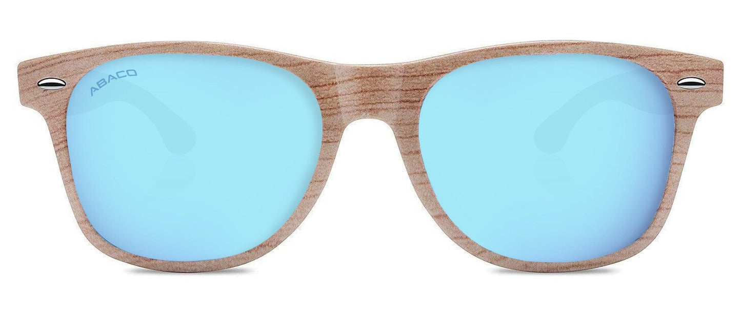 Abaco Tiki Grey Wood Sunglasses Polarized Caribbean Blue Lens Front