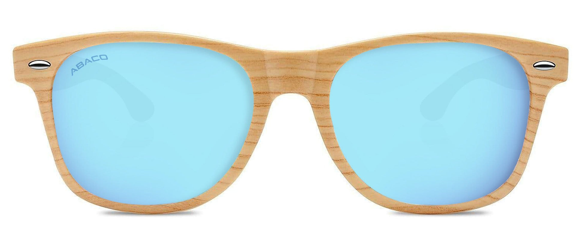 Abaco Tiki Natural Wood Sunglasses Polarized Caribbean Blue Lens Front